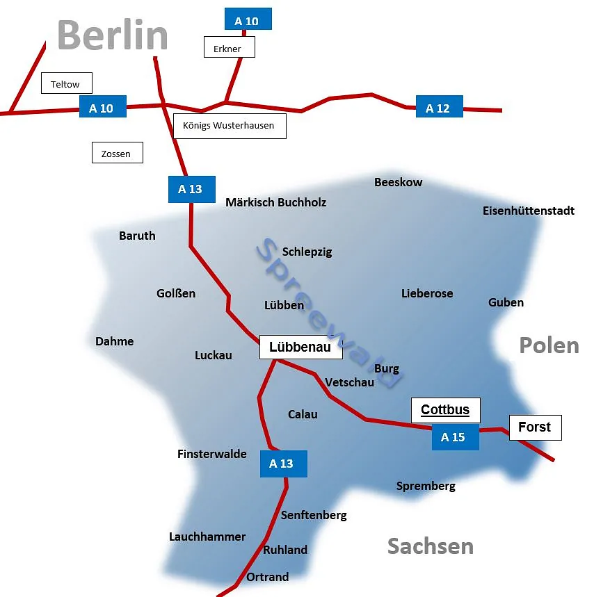 Karte Tätigkeitsgebiet rund um Lübbenau